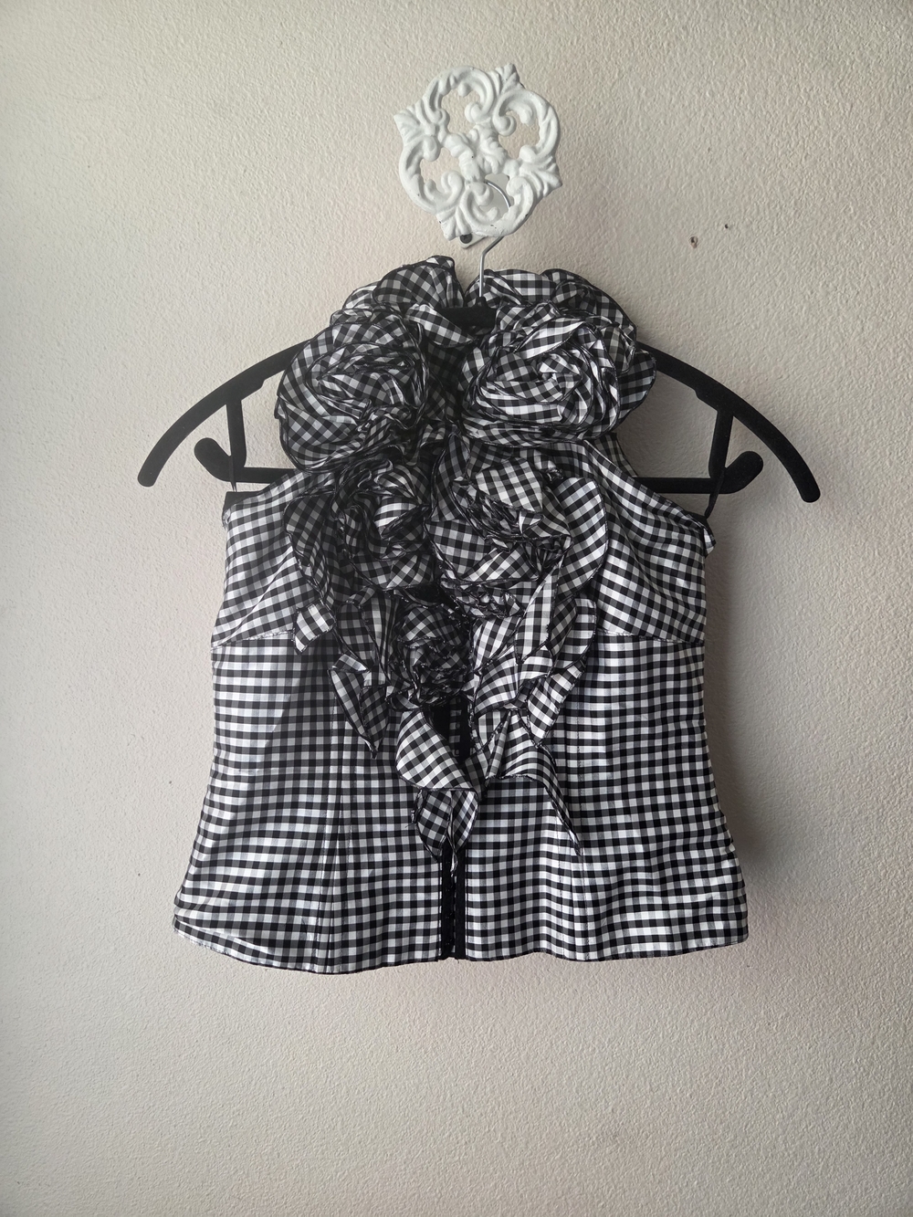 Anne Fontaine Black & White Gingham Floral Halter Crop Top - Picture 2 of 8